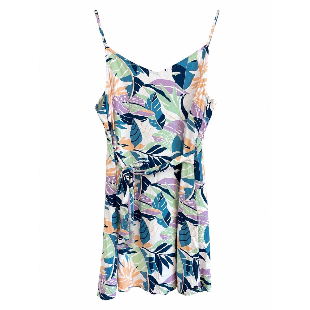Roxy Tropical Palm Leaf Sundress Dress M White Adjustable Straps Tie Waist Boho